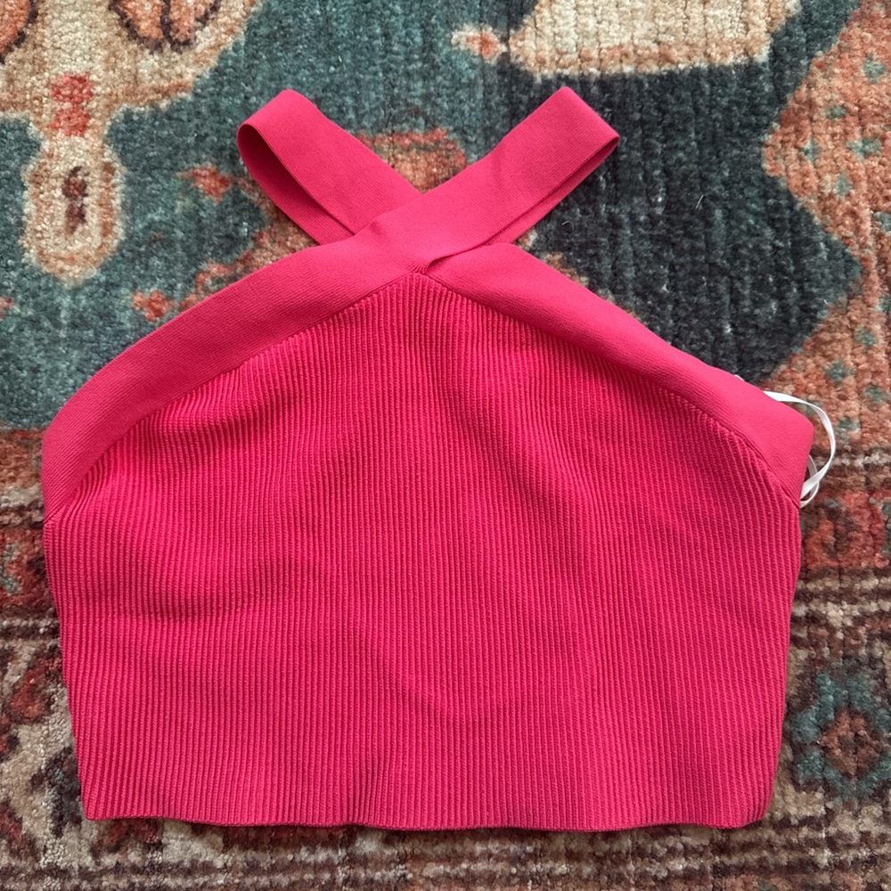 Aritzia Bright Pink Ribbed Halter Tank Top